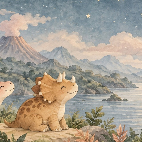 Moonlit Dinosaurs shower curtain, close up of the watercolor artwork