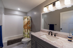Pony Orchard Farm shower curtain pulled open in a gray kids bathroom