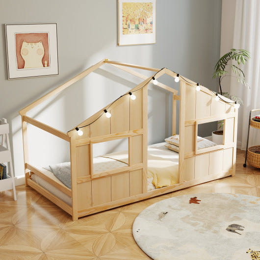 Twin size house bed with LED lights, slat-free design, perfect Montessori floor bed for toddlers in natural finish.