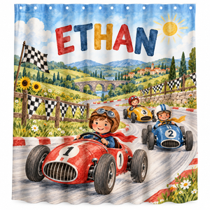 Personalized vintage race car kids shower curtain with the name Ethan