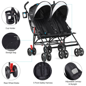 Foldable twin baby double stroller, ultralight umbrella design, perfect for travel and easy maneuverability.