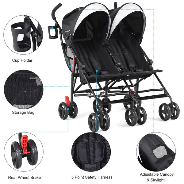 Foldable twin baby double stroller, ultralight umbrella design, perfect for travel and easy maneuverability.