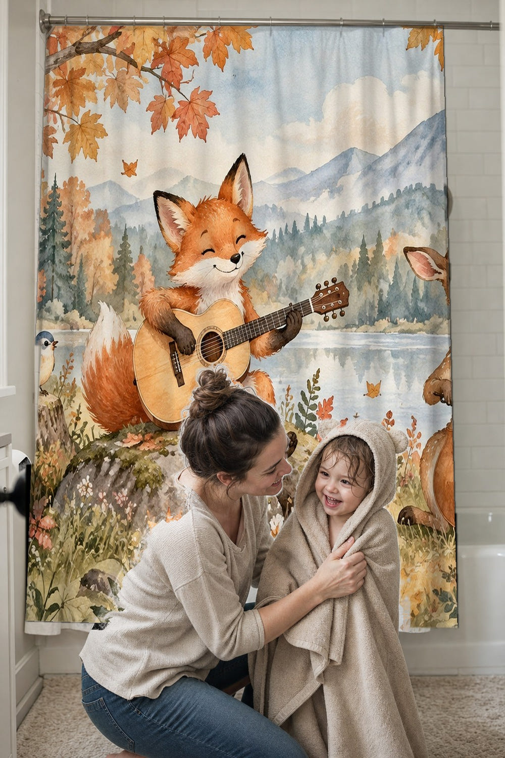 Fox Guitar shower curtain, full front view of the 71 x 74 in fabric curtain