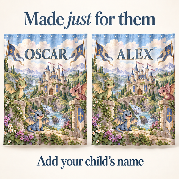 Add your child's name to the Dragon Castle shower curtain