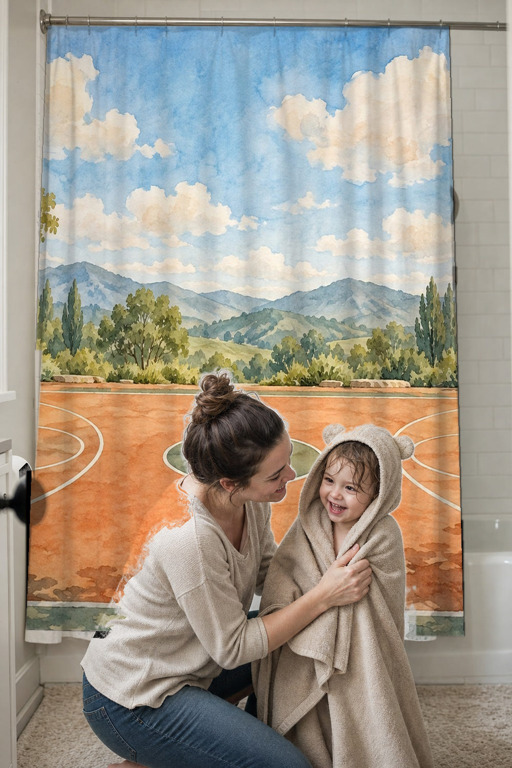 Open Basketball Court shower curtain, full front view of the 71 x 74 in fabric curtain