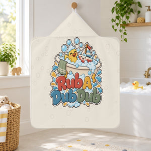 Rub A Dub Dub kids hooded bath towel hanging in a kids bathroom