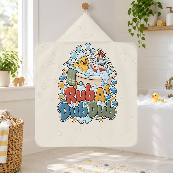 Rub A Dub Dub kids hooded bath towel hanging in a kids bathroom