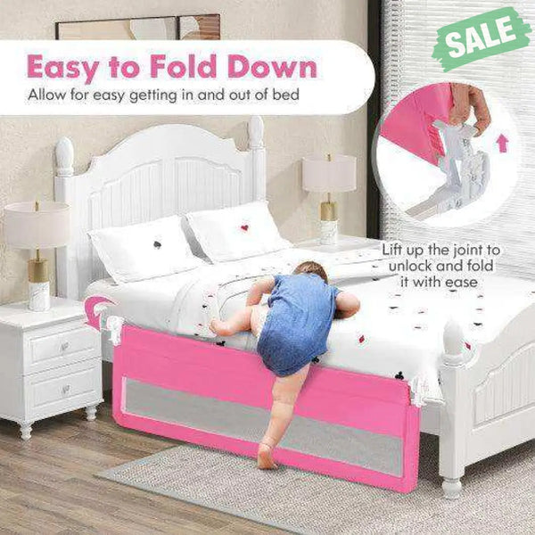 71 Inch Extra Long Swing Down Bed Guardrail with Safety Straps-Pink Pink Bed Rails