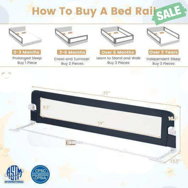 71-Inch Foldable Bed Rail Swing Down Baby Bed Guard Rail with Adjustable Safety Strap-Blue