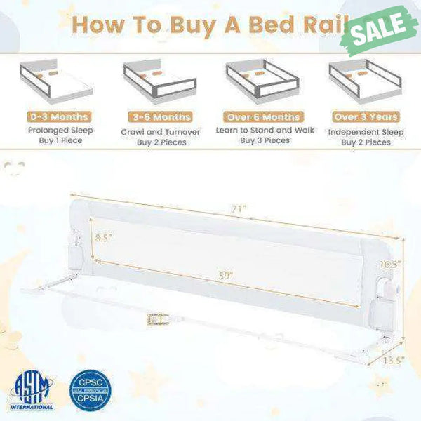 71-Inch Foldable Bed Rail Swing Down Baby Bed Guard Rail with Adjustable Safety Strap-White