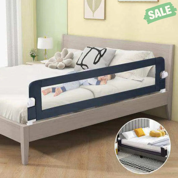 71-Inch Foldable Bed Rail Swing Down Baby Bed Guard Rail with Adjustable Safety Strap-Blue
