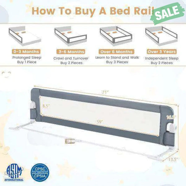71-Inch Foldable Bed Rail Swing Down Baby Bed Guard Rail with Adjustable Safety Strap-Gray