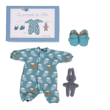 Assorted Moulin Roty baby clothes for dolls, perfect for imaginative play and dressing up.