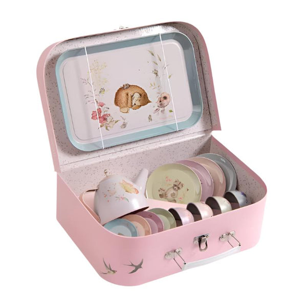 "Tea Party Metal Suitcase Set - The Rosalies by Moulin Roty, perfect for imaginative play and adventures."