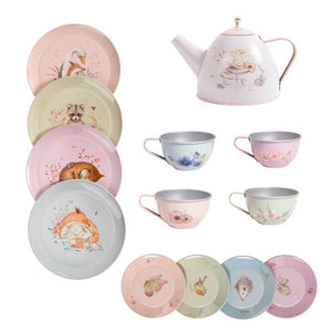 Tea Party Metal Set suitcase by Moulin Roty, angle view showcasing colorful design and playful details for kids.
