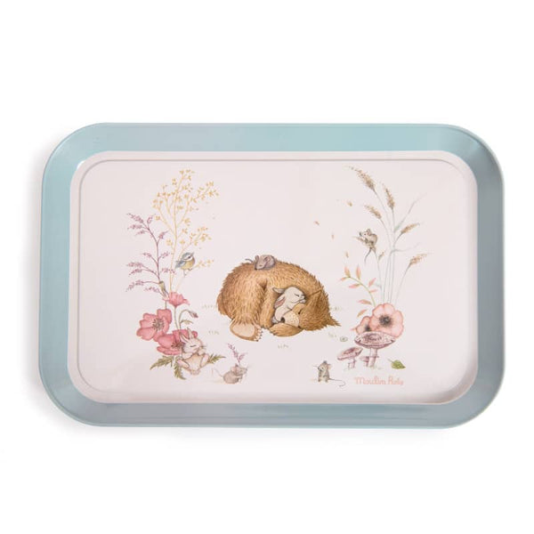 Tea Party Metal Set Suitcase by Moulin Roty - The Rosalies, angle view showcasing colorful design and playful details.