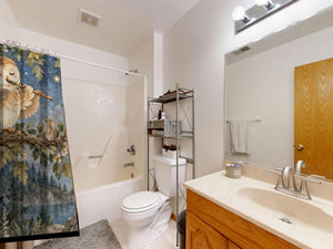 Owl Flute shower curtain on a tub shower combo in an American family bathroom