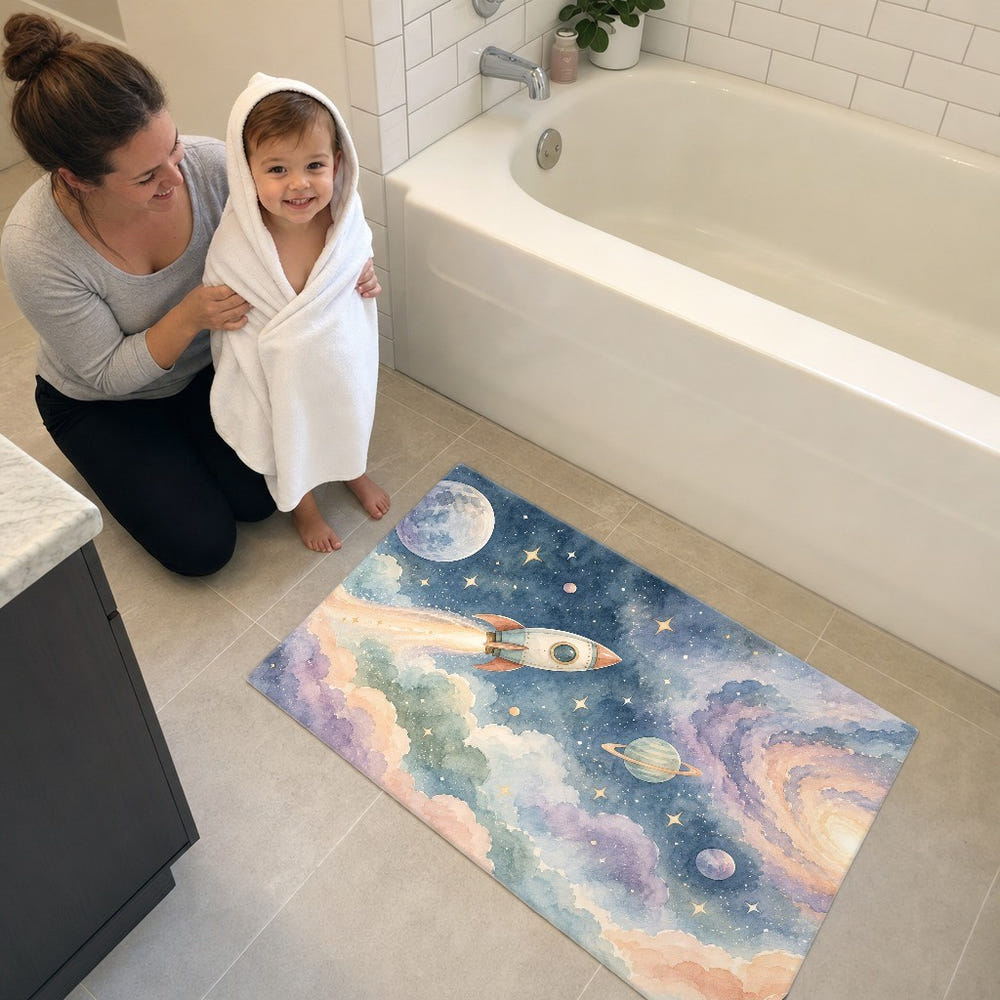 Rocket Journey kids bath mat, full view of the printed design