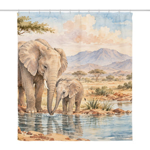 Elephant Family Safari shower curtain, full front view of the 71 x 74 in fabric curtain