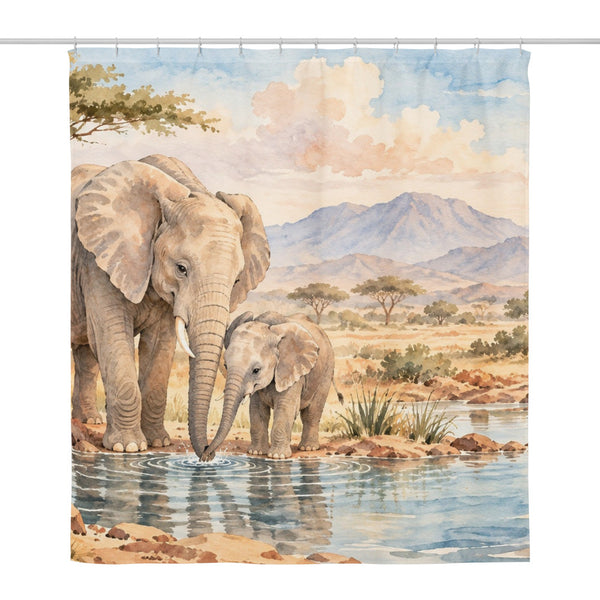 Elephant Family Safari shower curtain, full front view of the 71 x 74 in fabric curtain