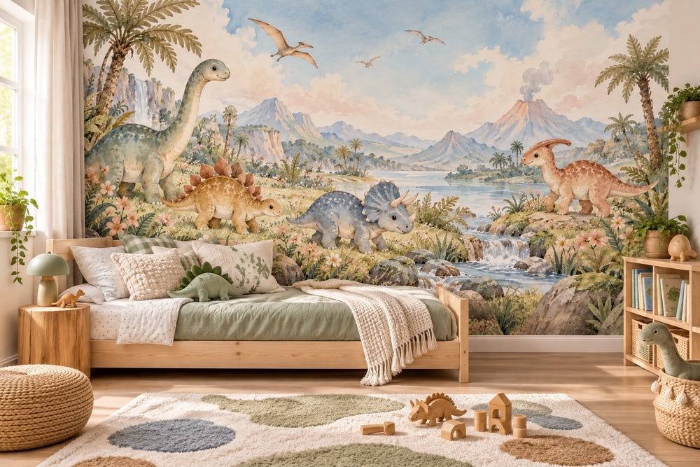 Watercolor Prehistoric Meadow Dinosaur Wall Mural, image 1