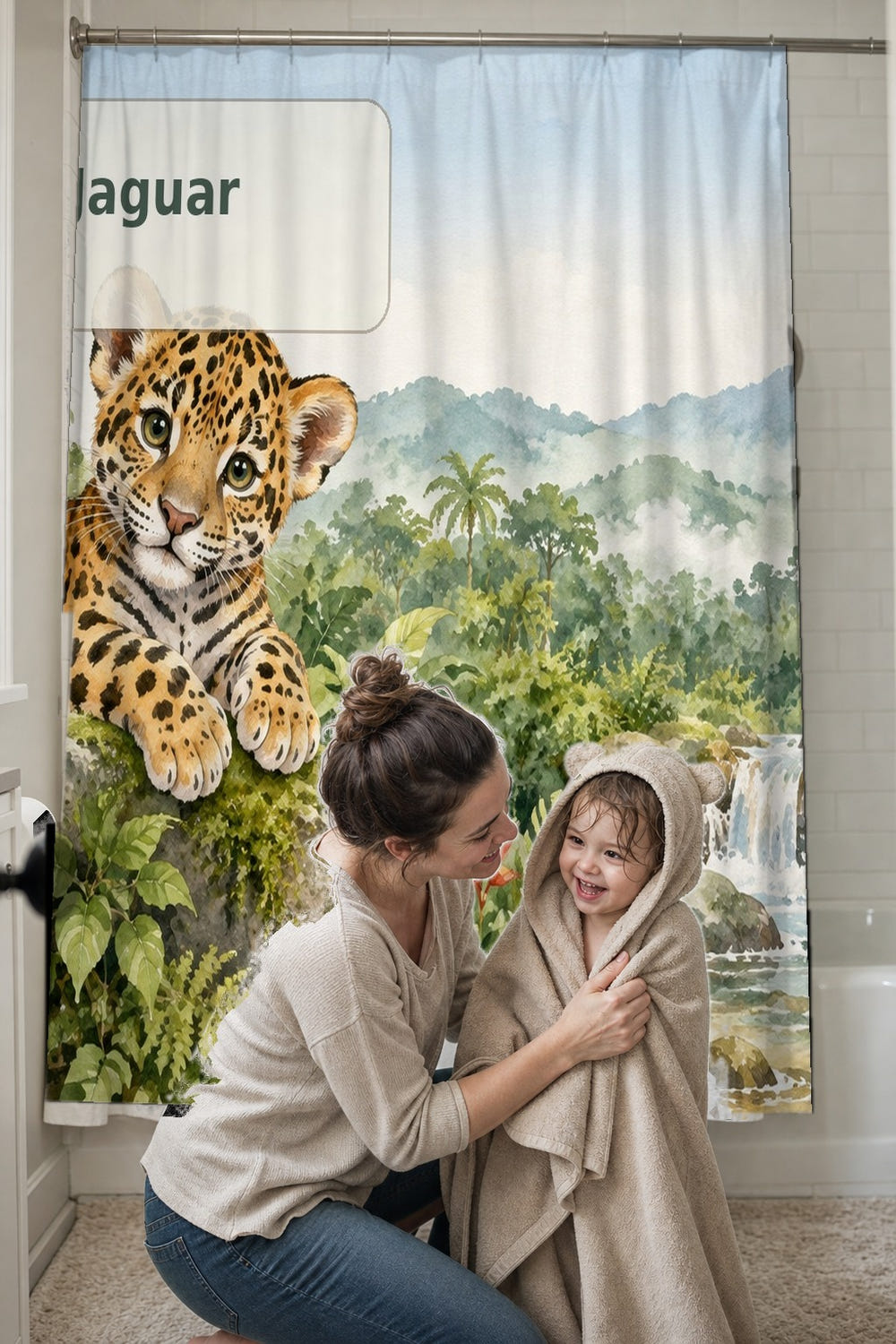 J is for Jaguar Alphabet shower curtain, full front view of the 71 x 74 in fabric curtain