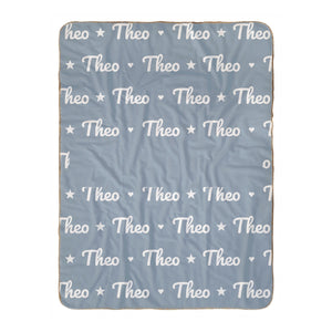 Personalize the Name Pattern sherpa baby blanket in dusty blue with your baby's name