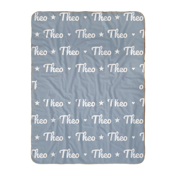 Personalize the Name Pattern sherpa baby blanket in dusty blue with your baby's name