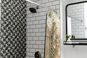 Butterfly Gate Bunny shower curtain in a modern farmhouse bathroom with subway tile