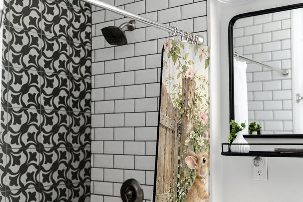 Butterfly Gate Bunny shower curtain in a modern farmhouse bathroom with subway tile
