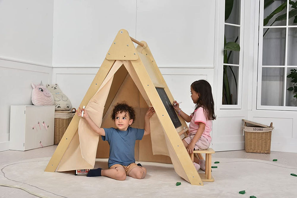 Oak wood learning tent and climber set with desk and chair for indoor play and exploration.