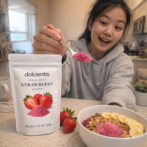Dolcientis Freeze Dried Strawberry Powder for Baking and Smoothies - Single Ingredient, No Sugar Added, Finely Milled, Resealable Pouch, 1.76oz