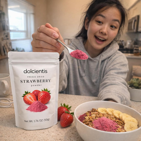 Dolcientis Freeze Dried Strawberry Powder for Baking and Smoothies - Single Ingredient, No Sugar Added, Finely Milled, Resealable Pouch, 1.76oz