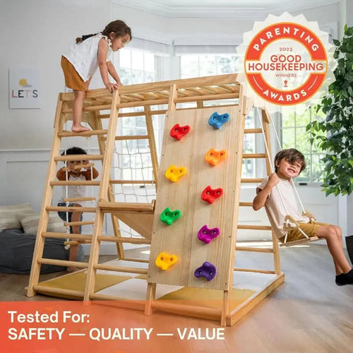 Magnolia Jungle Gym indoor baby playset at angle 68, featuring vibrant colors and safe, engaging design for toddlers.