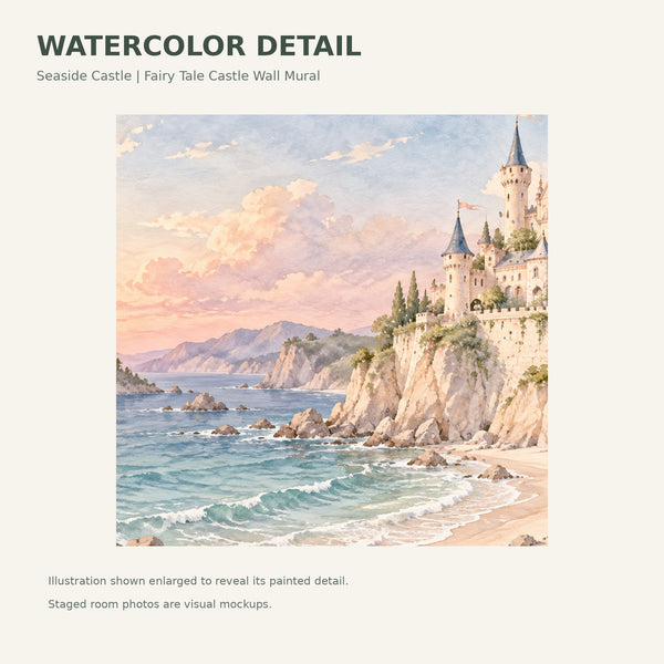 Watercolor Seaside Castle Fairy Tale Wall Mural, image 4