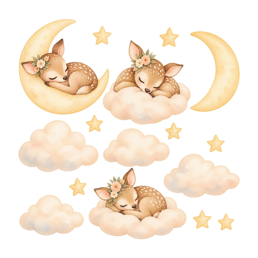 Sleeping Fawn Moon and Clouds Wall Decals, Set of 16, image 1
