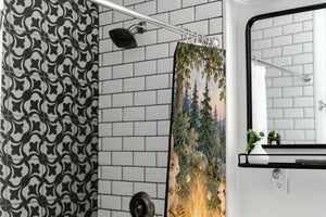 Campfire Friends Camping shower curtain in a modern farmhouse bathroom with subway tile