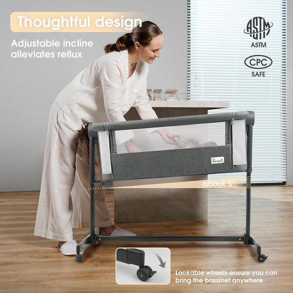 Li'l Pengyu 2-in-1 Convertible Bedside Sleeper and Bassinet with Adjustable Height and Breathable Mesh Sides