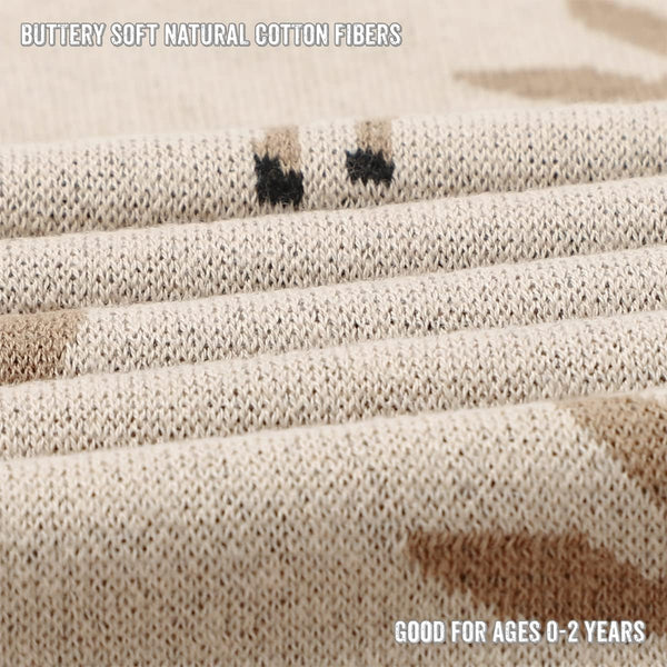 Luxury cotton deer knit swaddle baby blanket in a cozy angle view, perfect for keeping your little one snug.