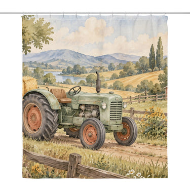 Farm Tractor shower curtain, full front view of the 71 x 74 in fabric curtain