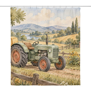 Farm Tractor shower curtain, full front view of the 71 x 74 in fabric curtain