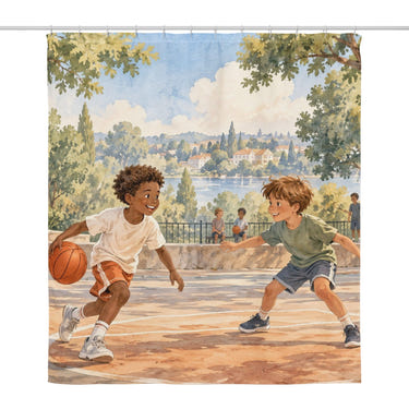 Kids Playing Basketball shower curtain, full front view of the 71 x 74 in fabric curtain