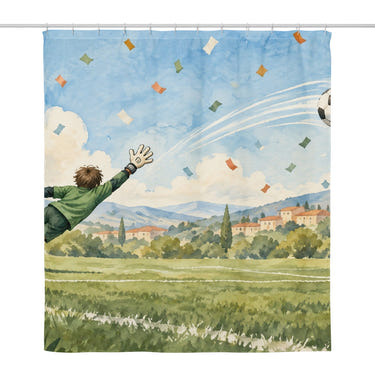 Goalkeeper Save Soccer shower curtain, full front view of the 71 x 74 in fabric curtain
