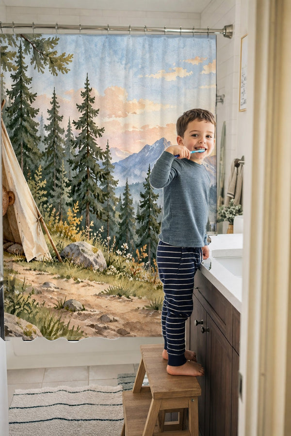Child brushing teeth in a family bathroom with the Bear Tent Sunrise Camping shower curtain