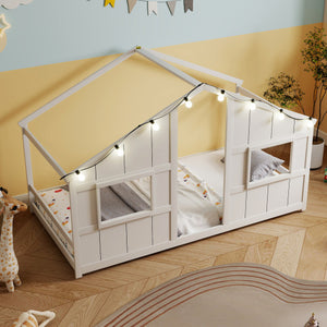 Twin Size House Bed with LED Lights Montessori Slat-free Floor Bed-White