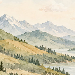 Golden Valley Rainbow shower curtain, close up of the watercolor artwork