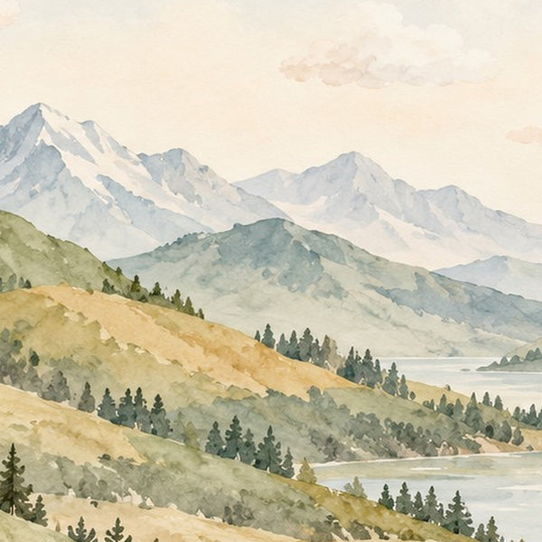 Golden Valley Rainbow shower curtain, close up of the watercolor artwork