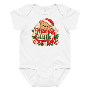 Mama's Little Snowflake baby bodysuit in white, front view