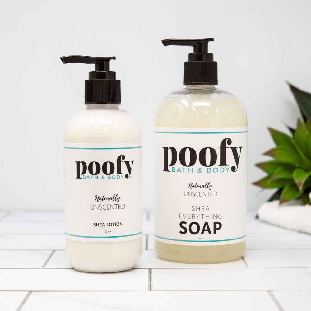 Naturally Unscented Shea Lotion for babies, gentle and nourishing body care in a sleek bottle.