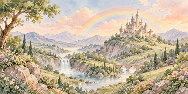 Watercolor Rainbow Castle Fairy Tale Wall Mural, image 3